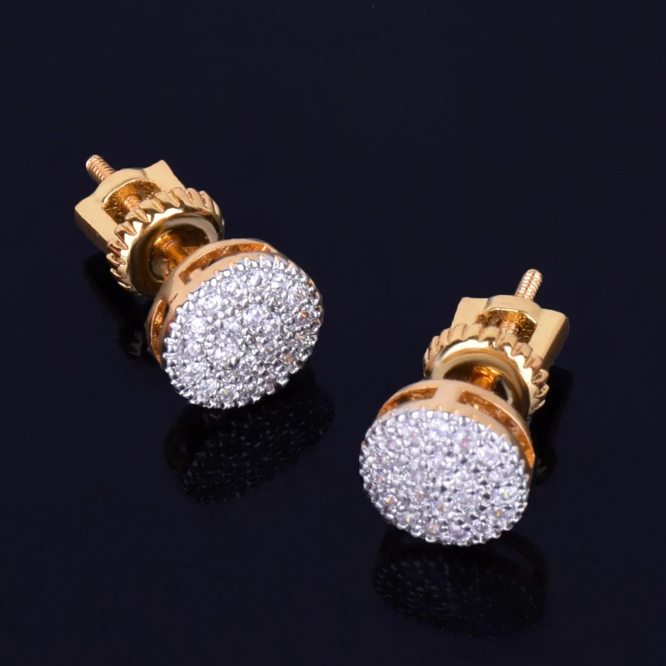 8MM Gold Color Small Round Stud Earring  AAAA Cubic Zircon Screw Back Men Fashion Hip Hop Jewelry