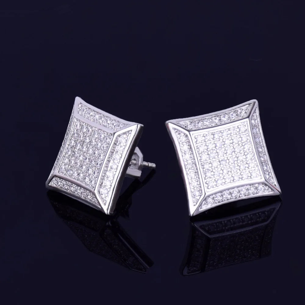 15MM Big Square Men Stud Earring Gold Color Full Cubic Zircon Screw Back Earrings Hip Hop Jewelry for Women
