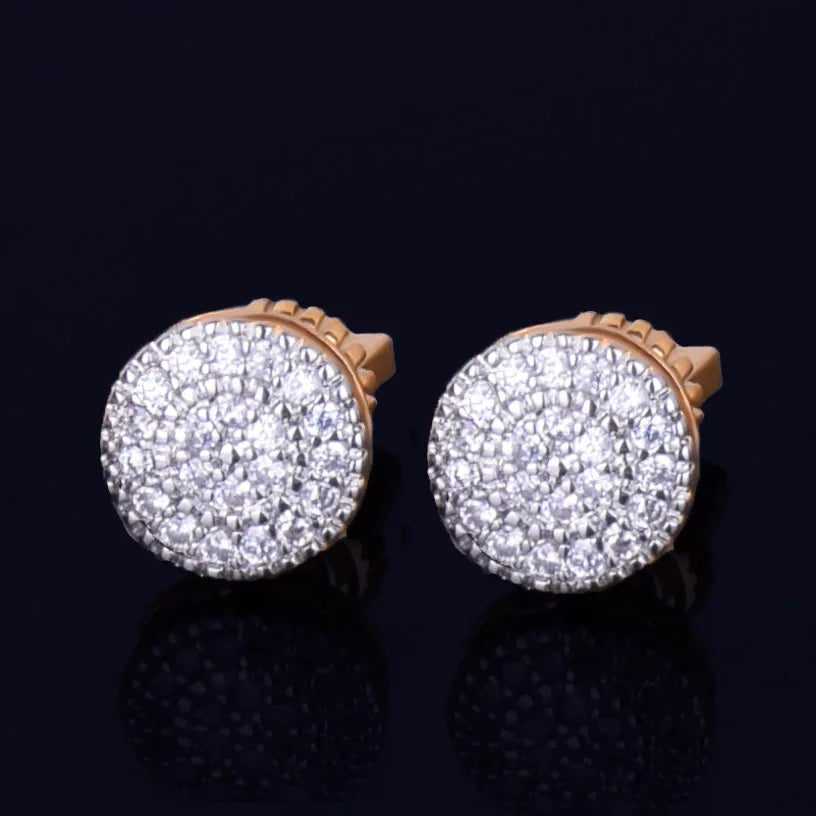 8MM Gold Color Small Round Stud Earring  AAAA Cubic Zircon Screw Back Men Fashion Hip Hop Jewelry