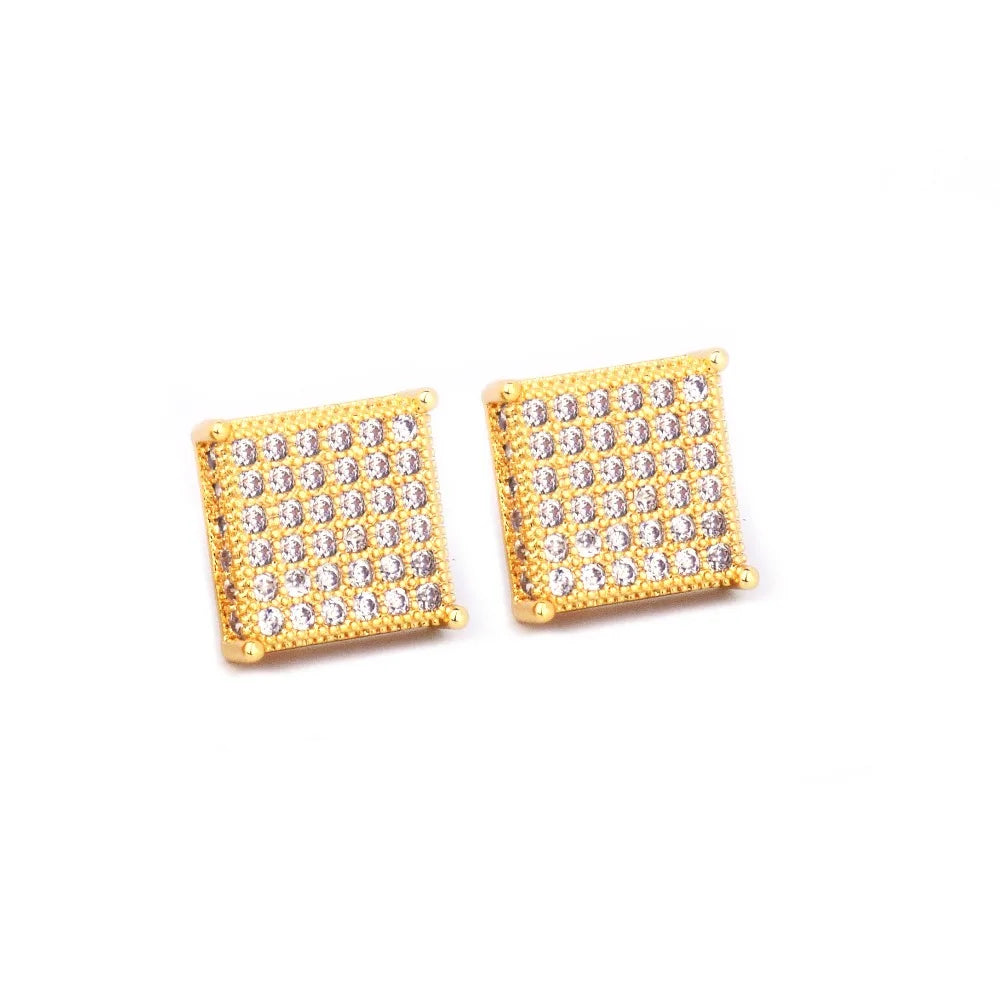 Micro Pave Cubic Zircon Earring Gold Color Hip hop Jewelry Copper Iced AAA CZ Square Stud Earrings Push-back 12x12mm Street Rock