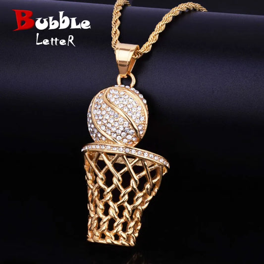 Iced Full Rhinestone Basketball Pendants& Necklaces 316L Stainless Steel Sports Men Hip Hop Jewelry