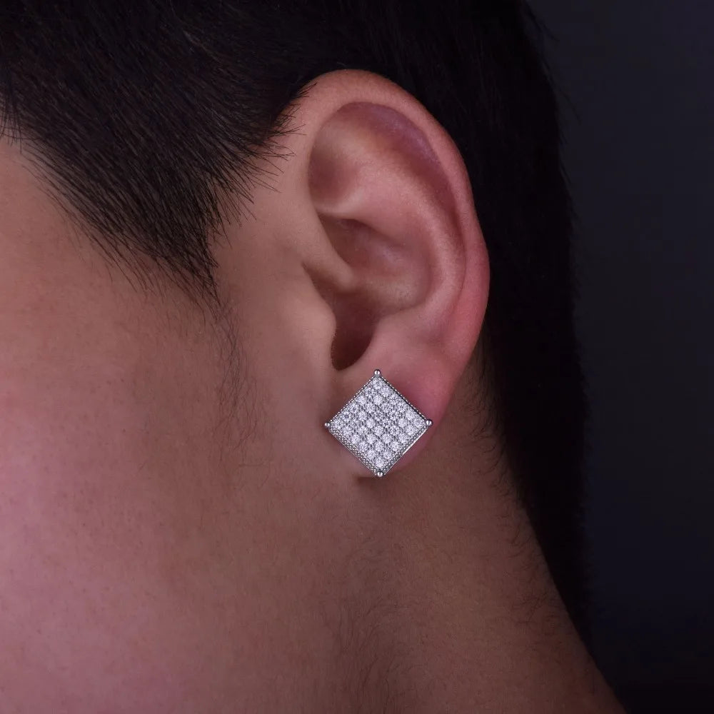 Micro Pave Cubic Zircon Earring Gold Color Hip hop Jewelry Copper Iced AAA CZ Square Stud Earrings Push-back 12x12mm Street Rock