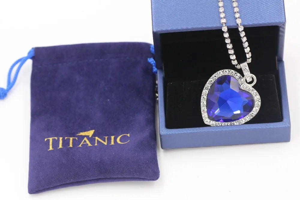 Titanic Heart of Ocean Blue Heart Love Forever Pendant Necklace + Velvet Bag