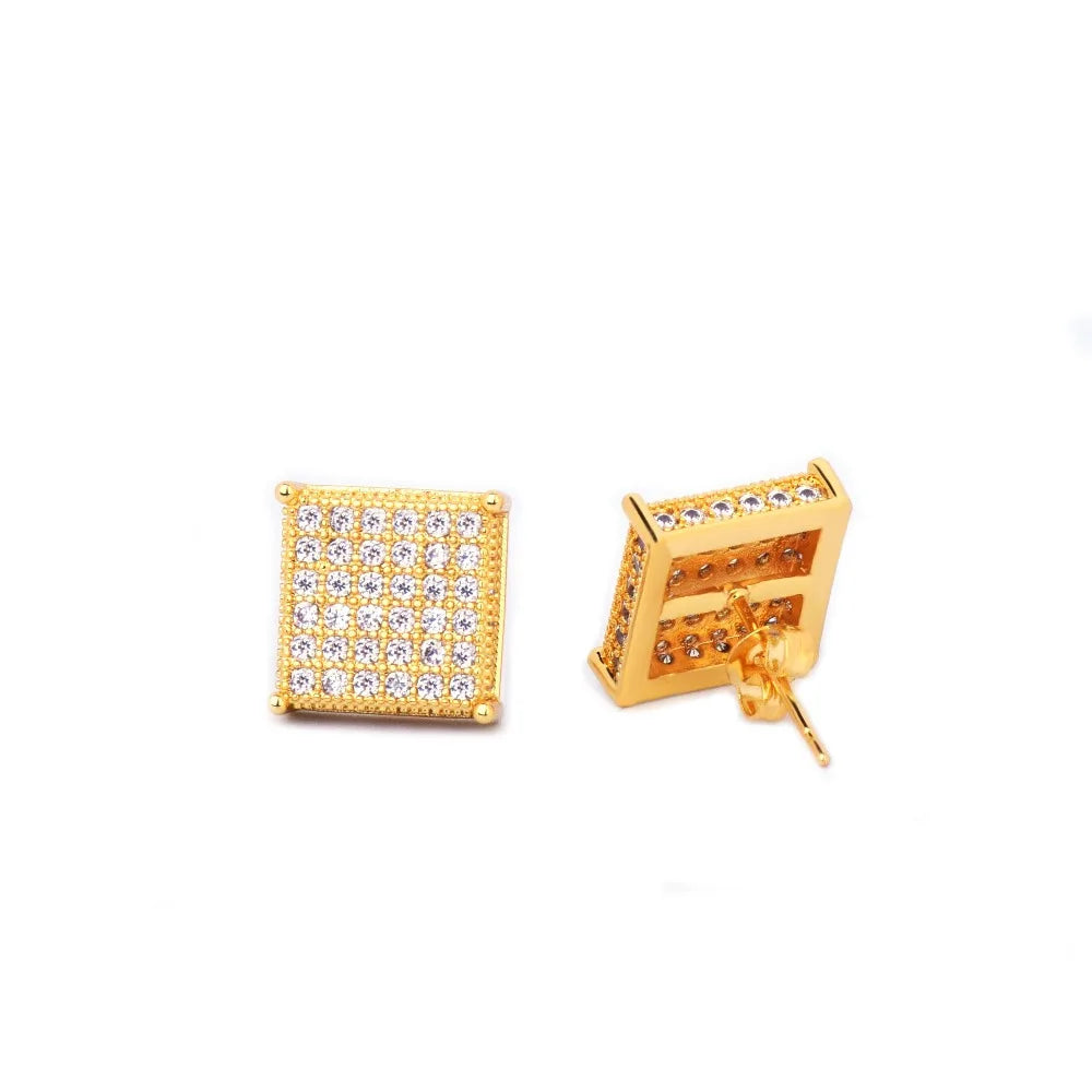 Micro Pave Cubic Zircon Earring Gold Color Hip hop Jewelry Copper Iced AAA CZ Square Stud Earrings Push-back 12x12mm Street Rock
