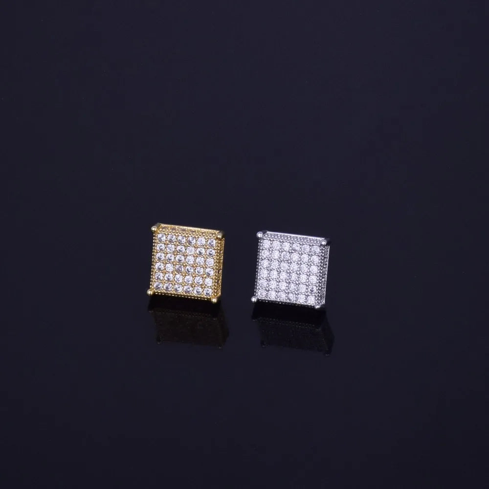 Micro Pave Cubic Zircon Earring Gold Color Hip hop Jewelry Copper Iced AAA CZ Square Stud Earrings Push-back 12x12mm Street Rock