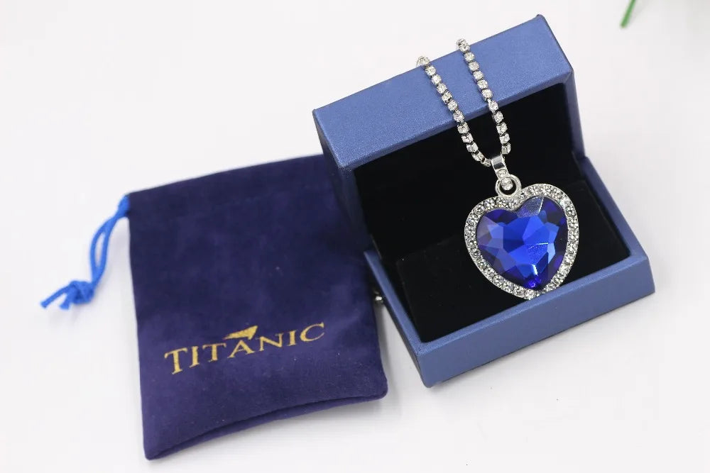 Titanic Heart of Ocean Blue Heart Love Forever Pendant Necklace + Velvet Bag