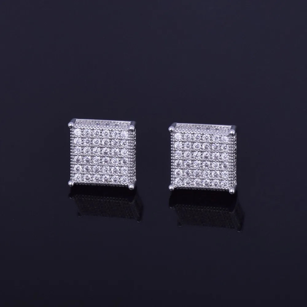 Micro Pave Cubic Zircon Earring Gold Color Hip hop Jewelry Copper Iced AAA CZ Square Stud Earrings Push-back 12x12mm Street Rock
