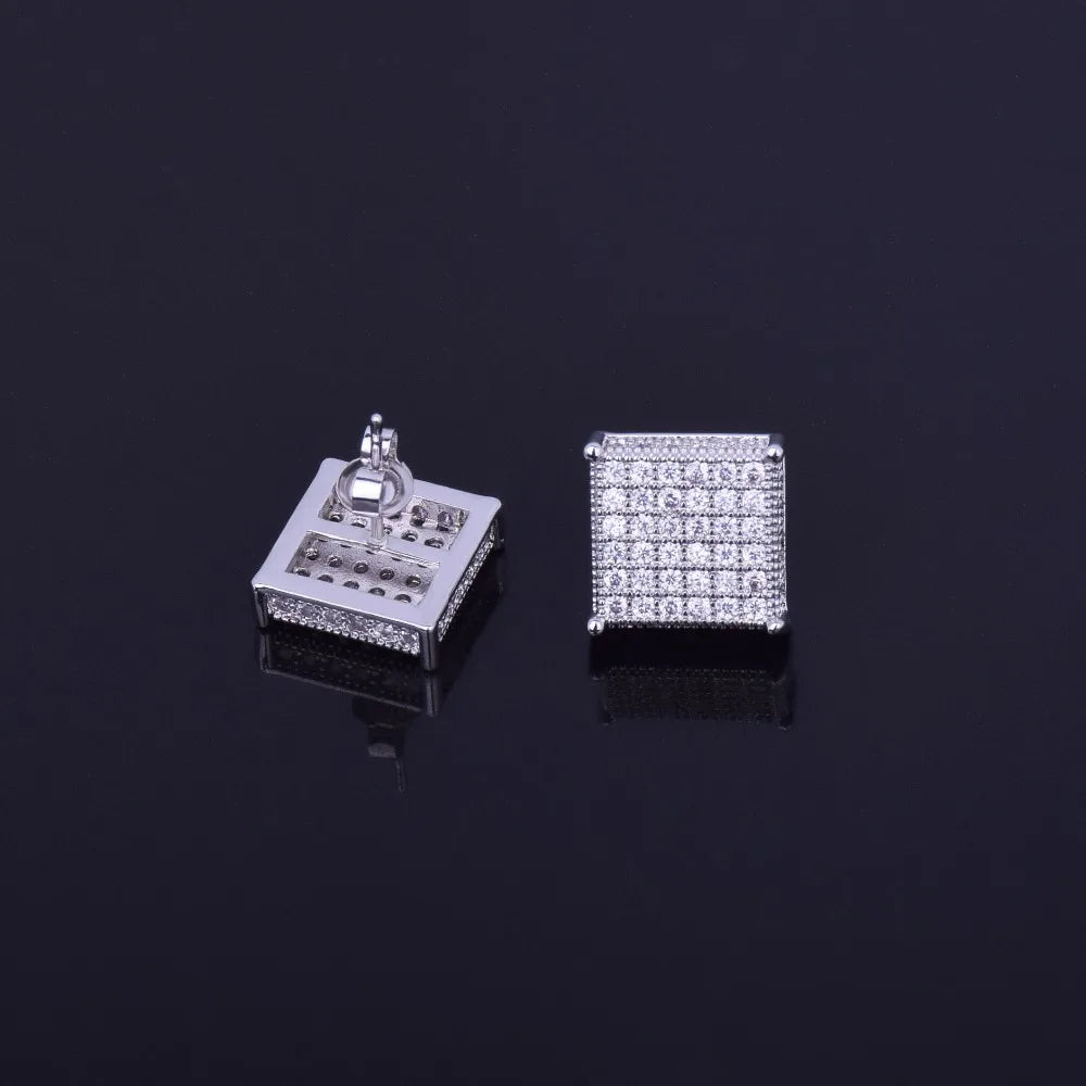 Micro Pave Cubic Zircon Earring Gold Color Hip hop Jewelry Copper Iced AAA CZ Square Stud Earrings Push-back 12x12mm Street Rock