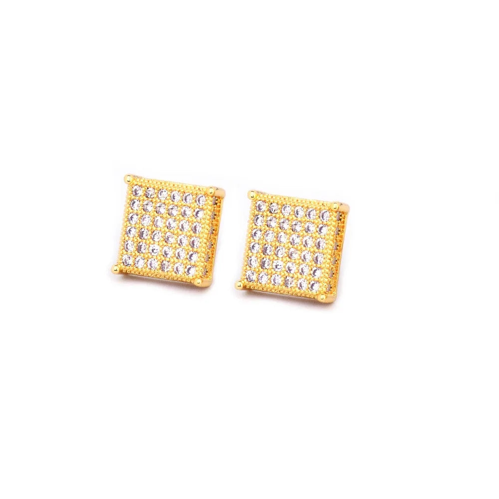 Micro Pave Cubic Zircon Earring Gold Color Hip hop Jewelry Copper Iced AAA CZ Square Stud Earrings Push-back 12x12mm Street Rock