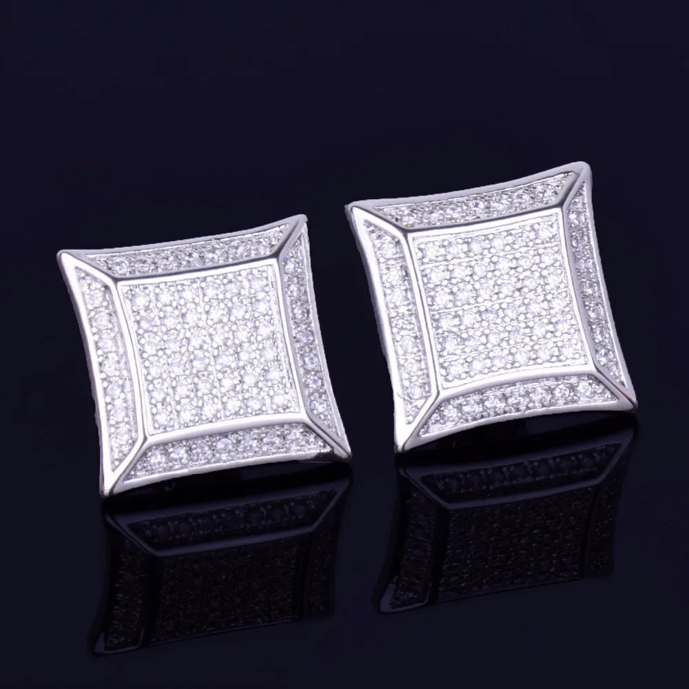 15MM Big Square Men Stud Earring Gold Color Full Cubic Zircon Screw Back Earrings Hip Hop Jewelry for Women