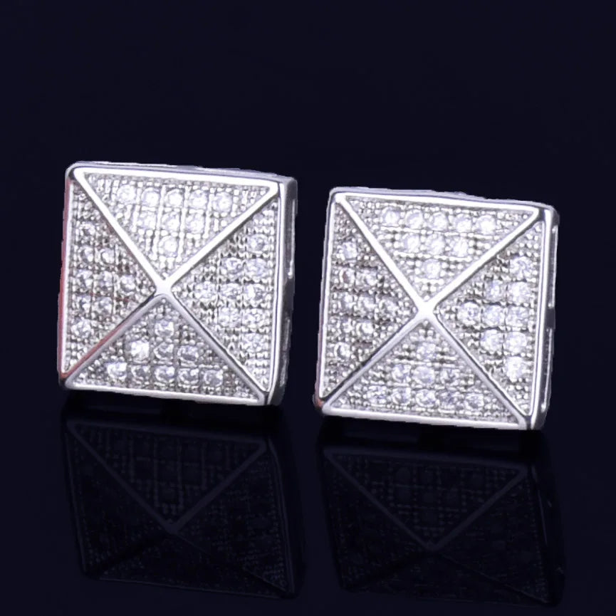 Men's Stud Earring Square Charm Screw Back Full Zircon Women Silver Color  Fashion Hip Hop Jewelry