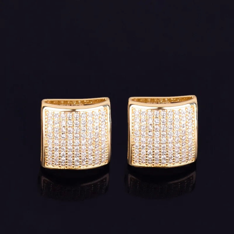 12MM Square Men Women Stud Earring Gold Color Iced Cubic Zircon Screw Back Earrings Hip Hop Jewelry