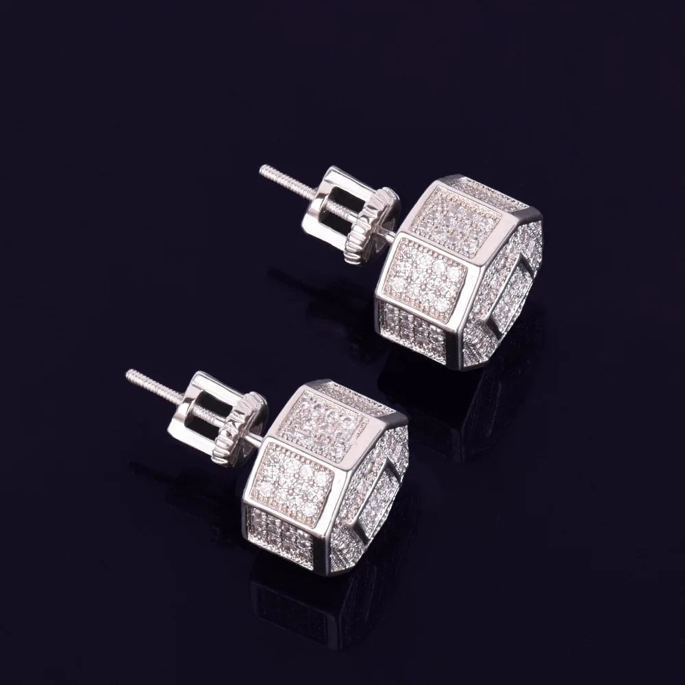 11MM Round Men Women Stud Earring Gold Color Iced Cubic Zircon Screw Back Earrings Hip Hop Jewelry