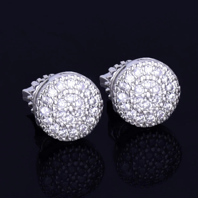 8MM Gold Color Small Round Stud Earring  AAAA Cubic Zircon Screw Back Men Fashion Hip Hop Jewelry