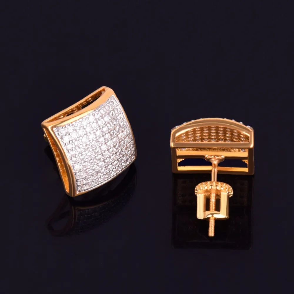 12MM Square Men Women Stud Earring Gold Color Iced Cubic Zircon Screw Back Earrings Hip Hop Jewelry
