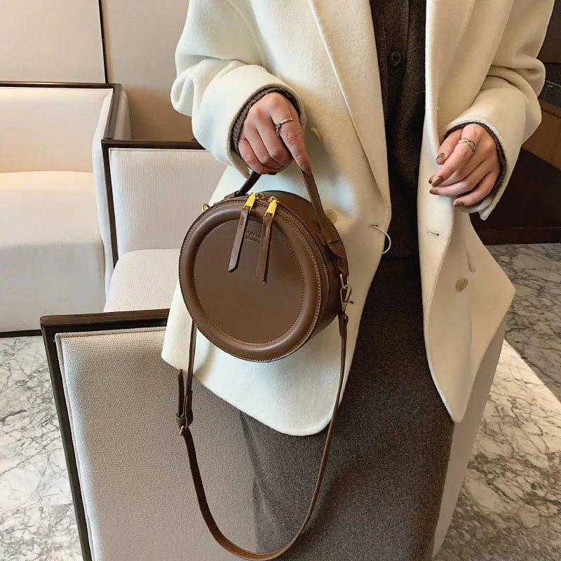 Solid color Crossbody Bag For Women Round Small Handbag Women Fashion Designer Bags Leather Shoulder Bag Female Zipper Purses