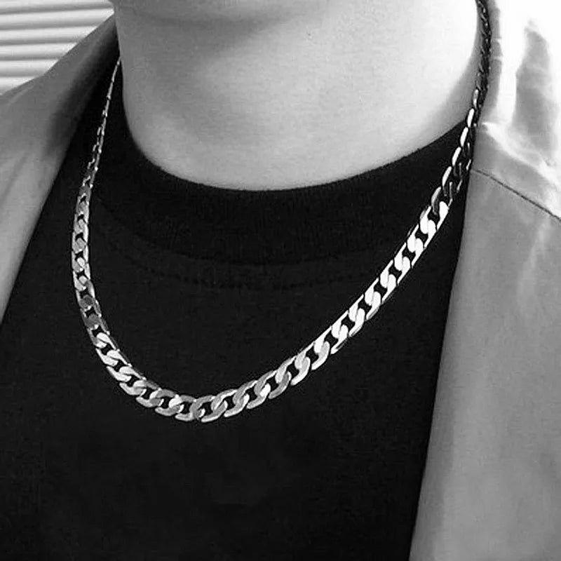 HNSP 316L Stainless Steel Cuban Flat Chain Necklace For Men Male Neck Jewelry Accessories