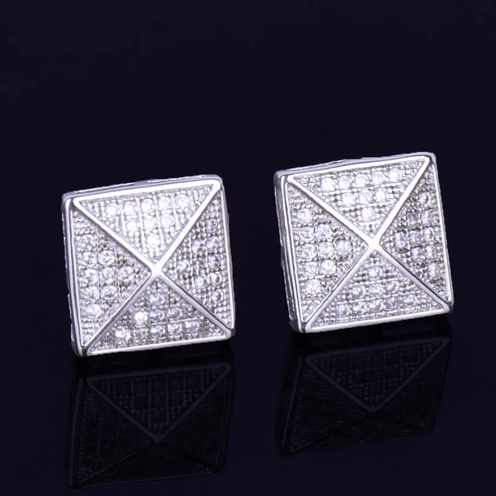 Men's Stud Earring Square Charm Screw Back Full Zircon Women Silver Color  Fashion Hip Hop Jewelry