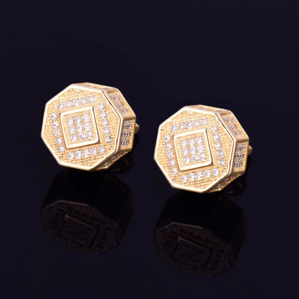 11MM Round Men Women Stud Earring Gold Color Iced Cubic Zircon Screw Back Earrings Hip Hop Jewelry