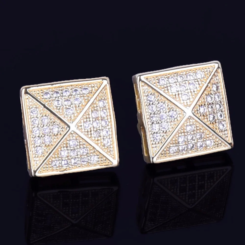 Men's Stud Earring Square Charm Screw Back Full Zircon Women Silver Color  Fashion Hip Hop Jewelry