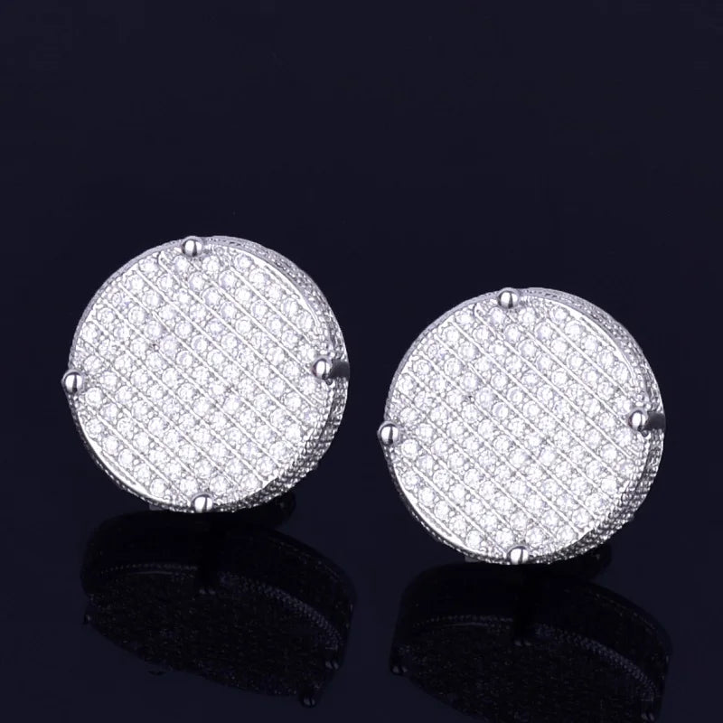 14MM Gold Color Big Round Stud Earring AAAA Cubic Zircon Screw Back Men's Earrings Fashion Hip Hop Jewelry