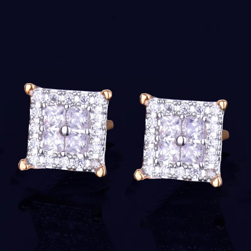 12MM Square Baguette Zircon Stud Earring Silver Color Charm Screw Back Women Men's Earrings Fashion Hip Hop Jewelry