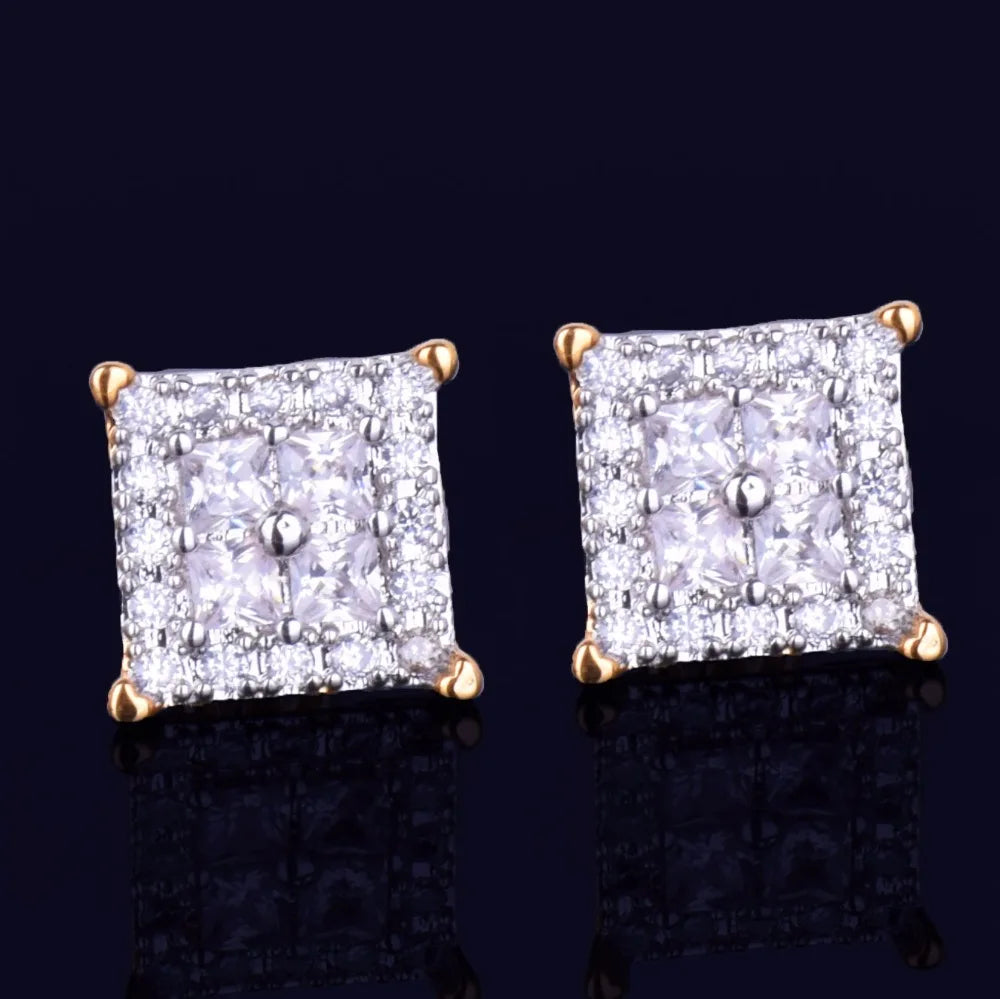 12MM Square Baguette Zircon Stud Earring Silver Color Charm Screw Back Women Men's Earrings Fashion Hip Hop Jewelry