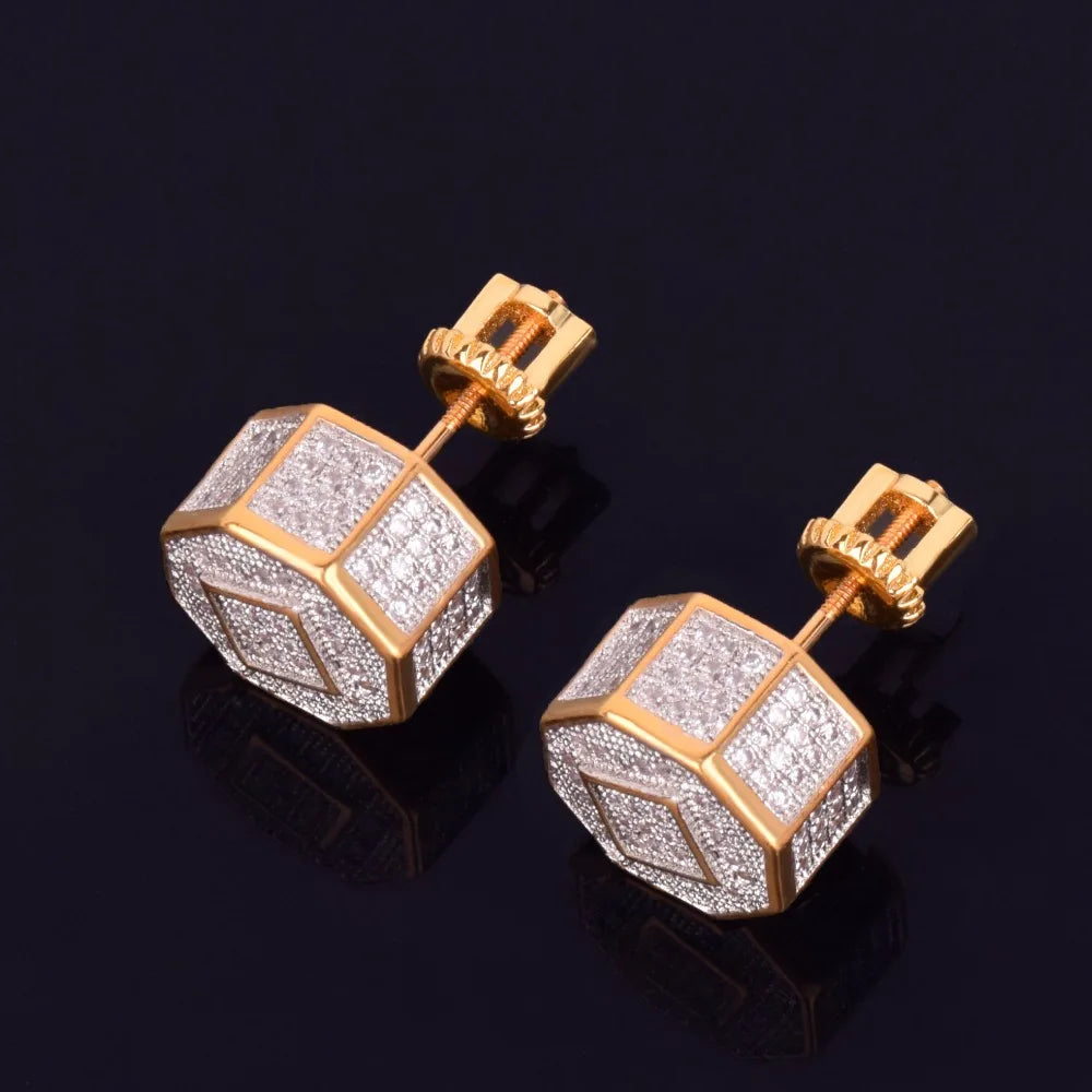 11MM Round Men Women Stud Earring Gold Color Iced Cubic Zircon Screw Back Earrings Hip Hop Jewelry