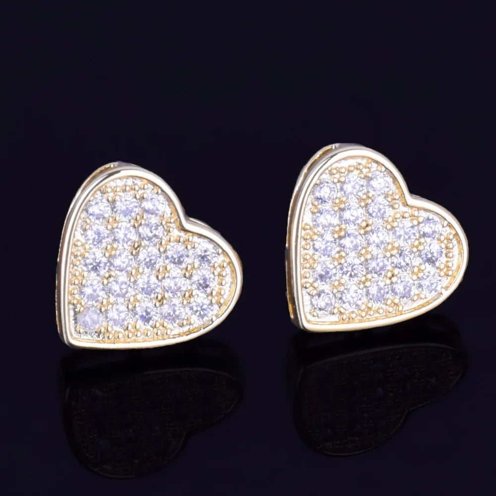 14MM Width Heart-shaped Gold Color Stud Earring For Men Women Full Cubic Zircon Screw Back Earrings Fashion Hip Hop Jewelry Gift