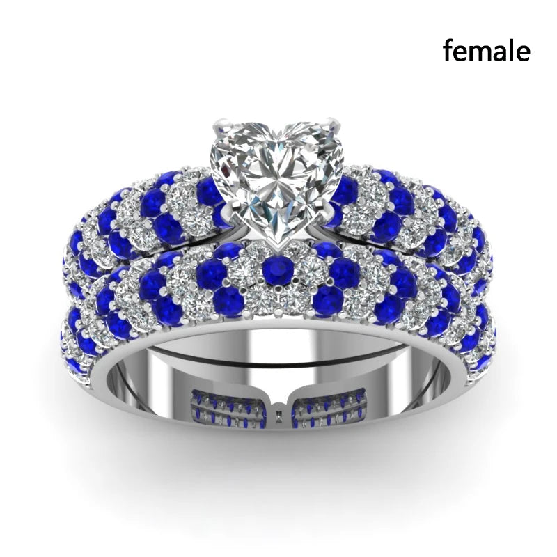 Fashion Couple Rings Stainless Steel Blue Men Ring Women's Zircon Rhinestones Rings Set Bridal Engagement Wedding Band Gift