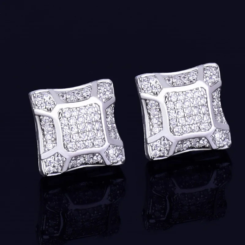 11MM Width Gold Color Square Men's Stud Earring Charm Full Cubic Zircon Screw Back Women Earrings Fashion Hip Hop Jewelry