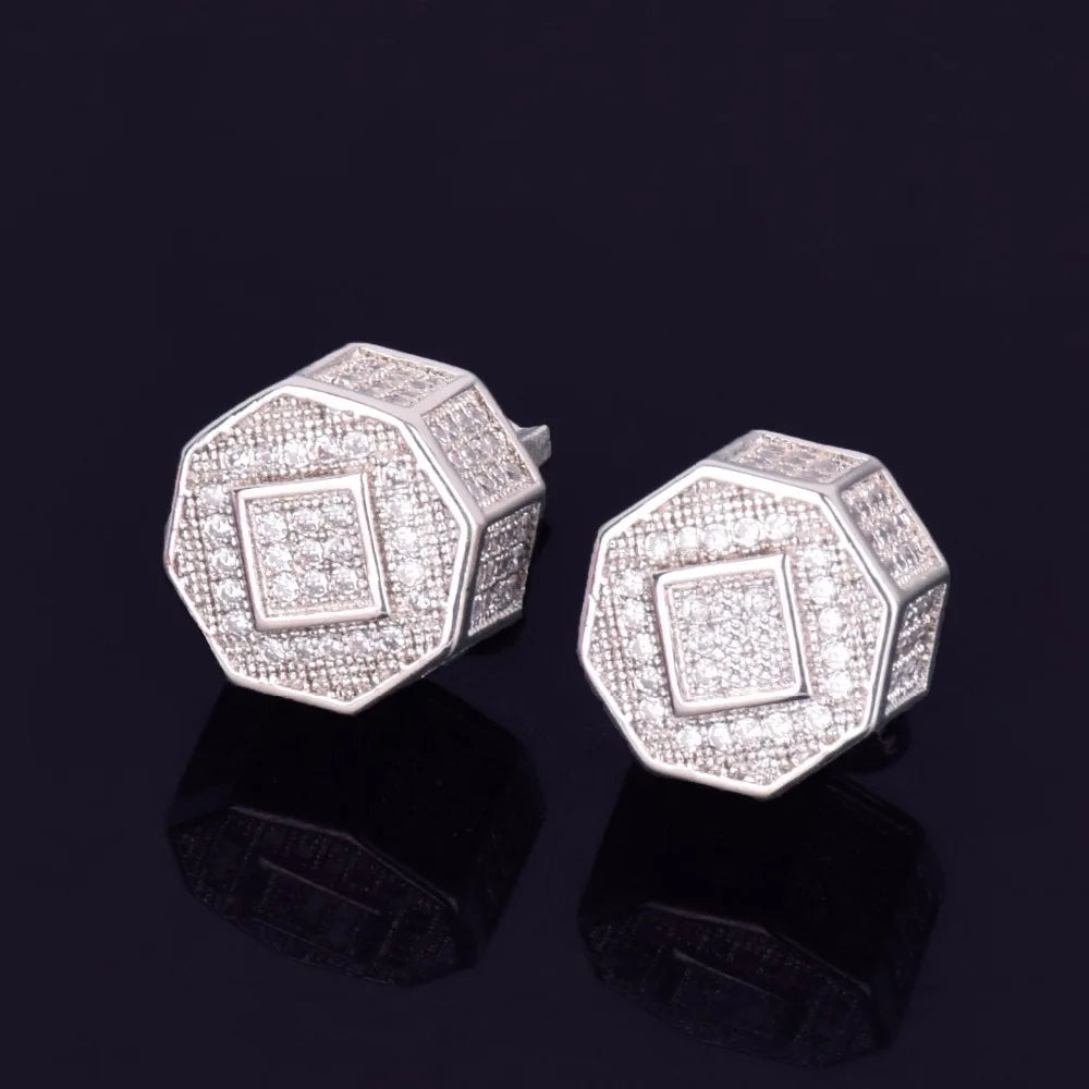 11MM Round Men Women Stud Earring Gold Color Iced Cubic Zircon Screw Back Earrings Hip Hop Jewelry