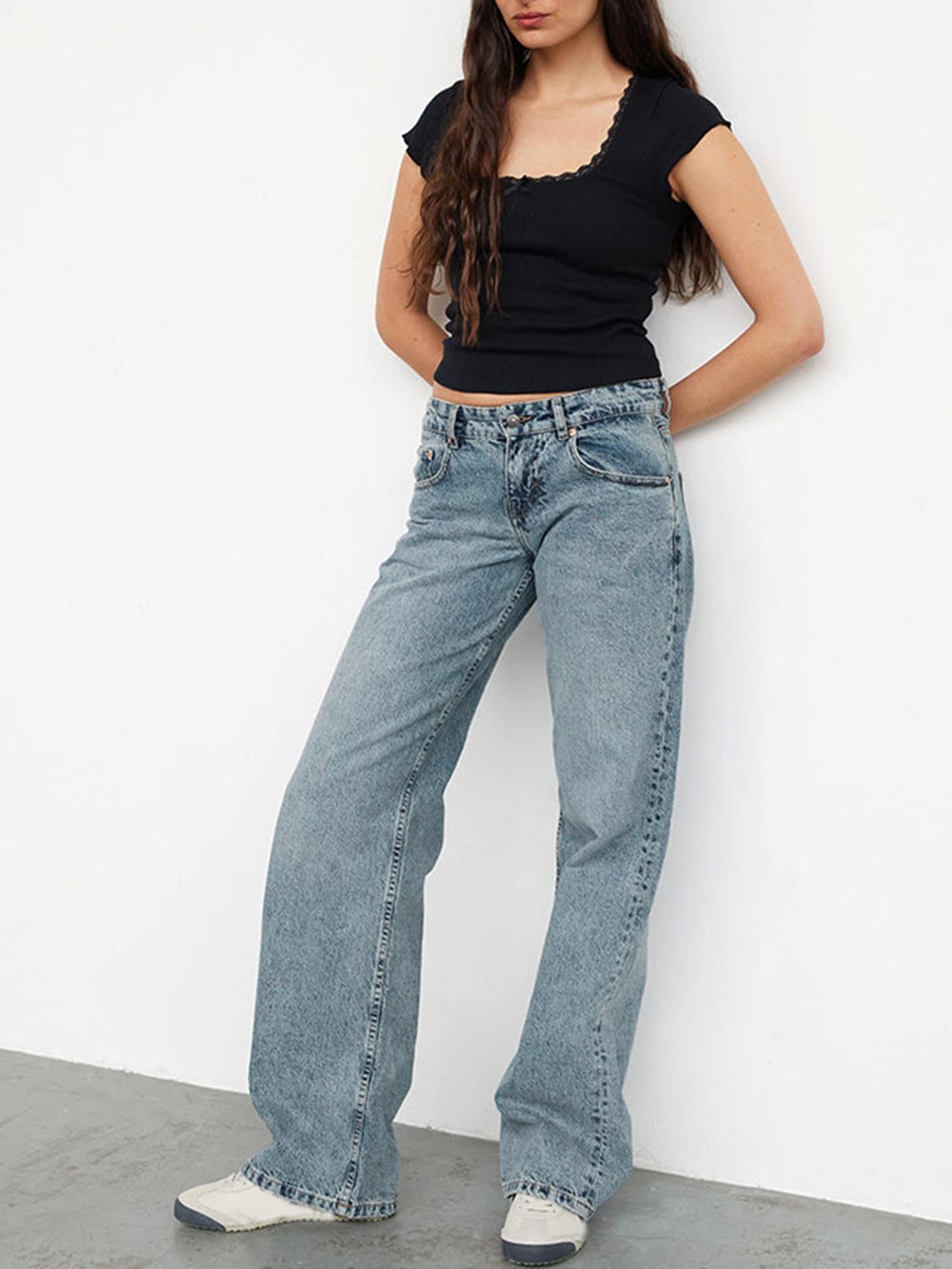 Women's Straight-Leg Jeans Fashion Street Pants High Quality Women Straight-leg Denim Pants