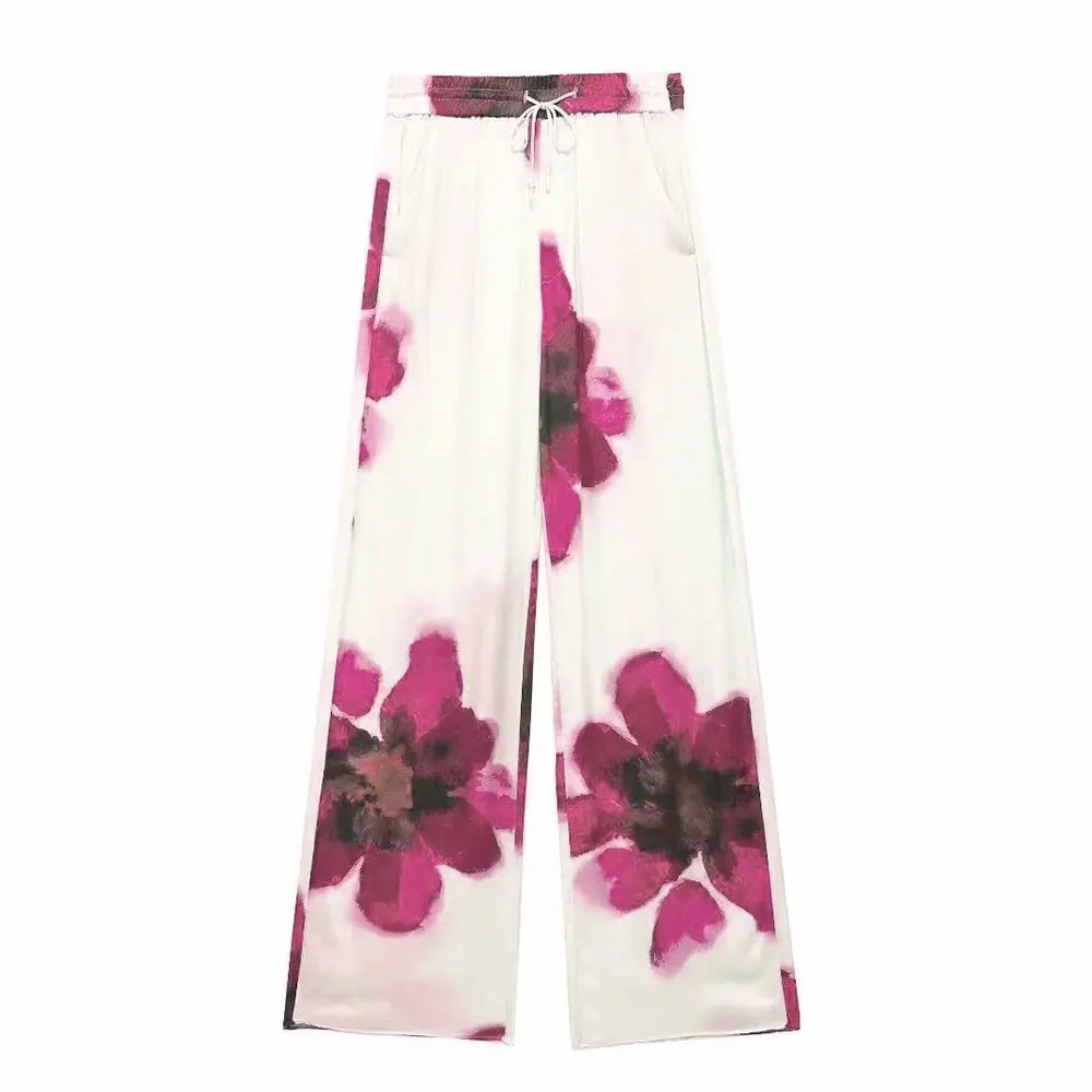 TRAFZA Women Fashion Floral Print Wide Leg Pants Loose Casual High Waist Drawstring Trousers Elegant Woman High Street Pant