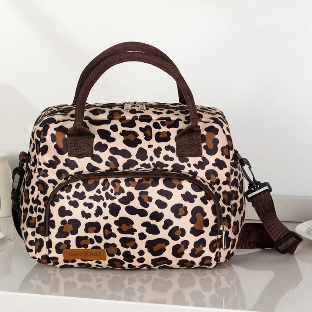 Large capacity leopard print Oxford cloth crossbody lunch bag, American modern minimalist hand-held mommy ice pack