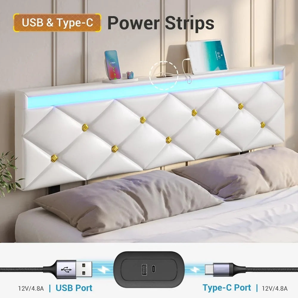 Floating Bed Frame King Size with LED Lights and Charging Station, Modern King Platform Bed with Vegan Leather Upholstered
