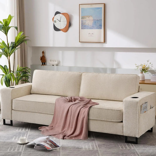 Chenille Loveseat Sofa, Deep Seat Couch with Side Pockets & Cup Holders, Modern Sofa Couch with Square Armrest, Comfy Lounge