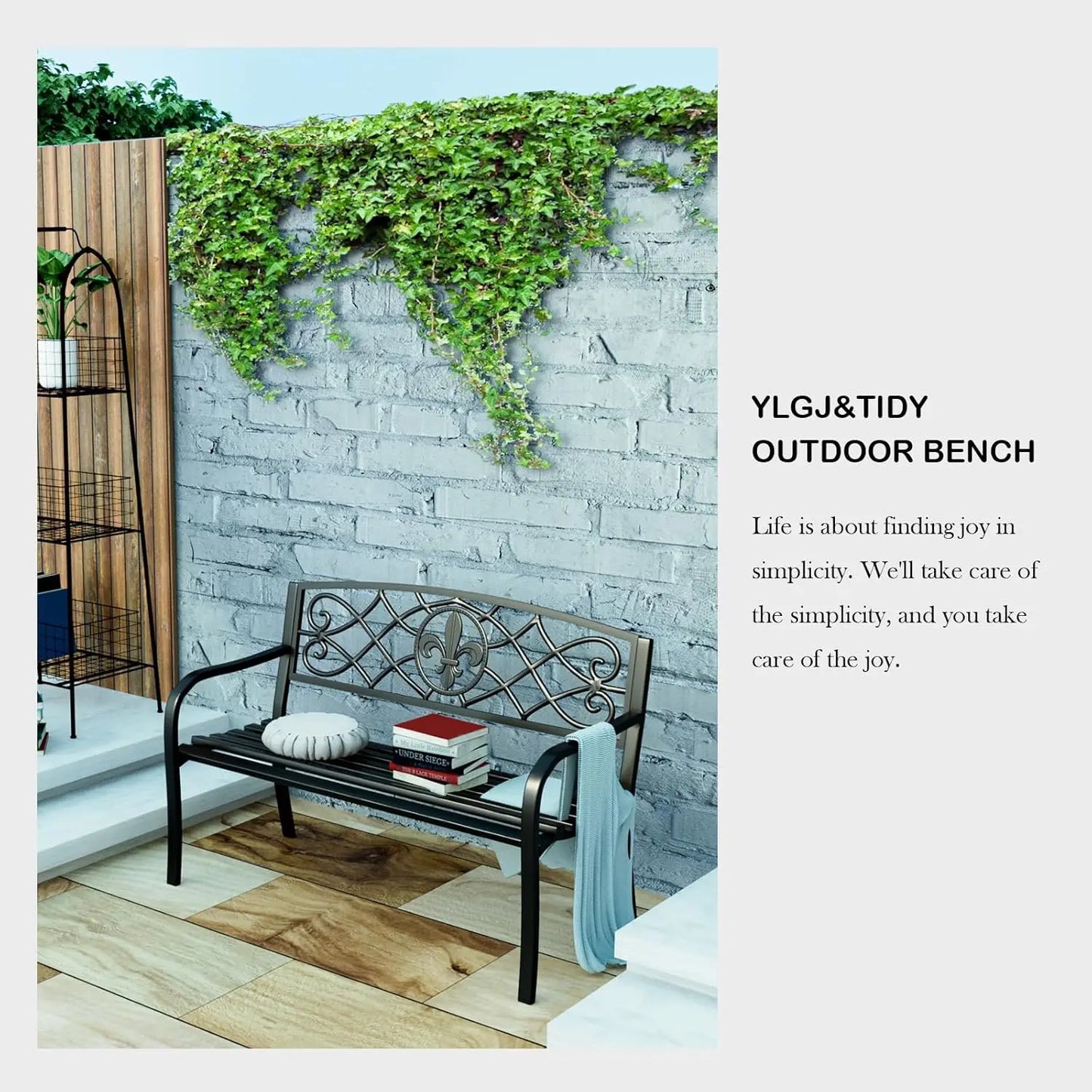 Ylgj&Tidy 50"" Outdoor Bench, Heavy Duty Garden Bench With Ergonomic Backrest & Armrests, Weatherproof Cast Iron Bench, Outdoor