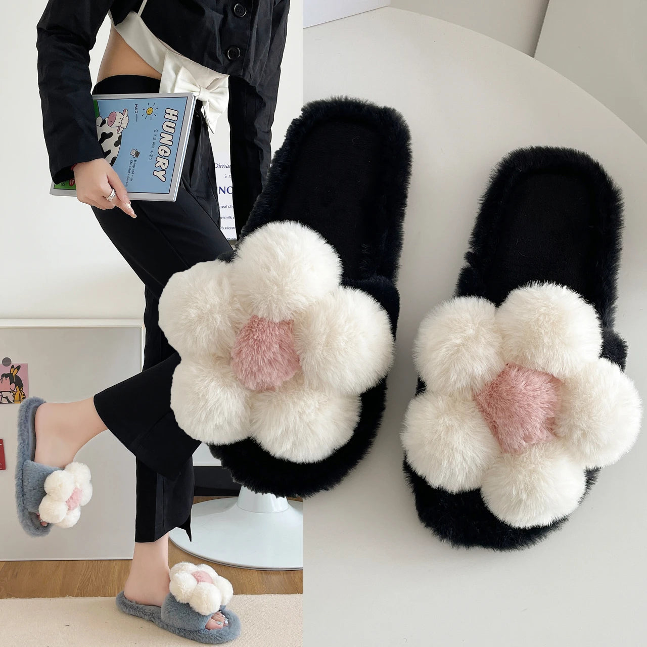 Cute cartoon flower one-word cotton slippers women's 2025 winter new thick-bottomed non-slip outer wear plush slippers