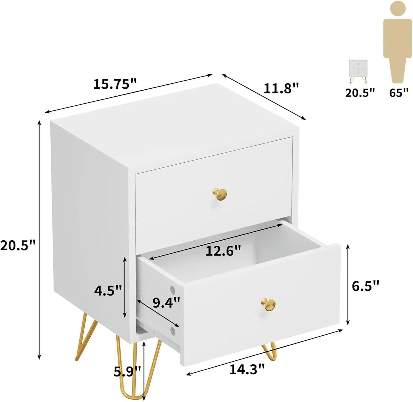 Nightstand Set of 2, End Side Table Double, Bedside Table with 2 Drawers,  Stand Metal Legs and Knobs for Bedroom Living.