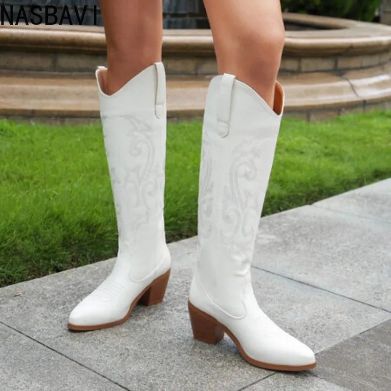 Western Women's Winter Knee High Boots Fashion Embroidery Cowboy Cowgrils Boot Wedges Heel Red Party Shoes Ladies Large Size 40