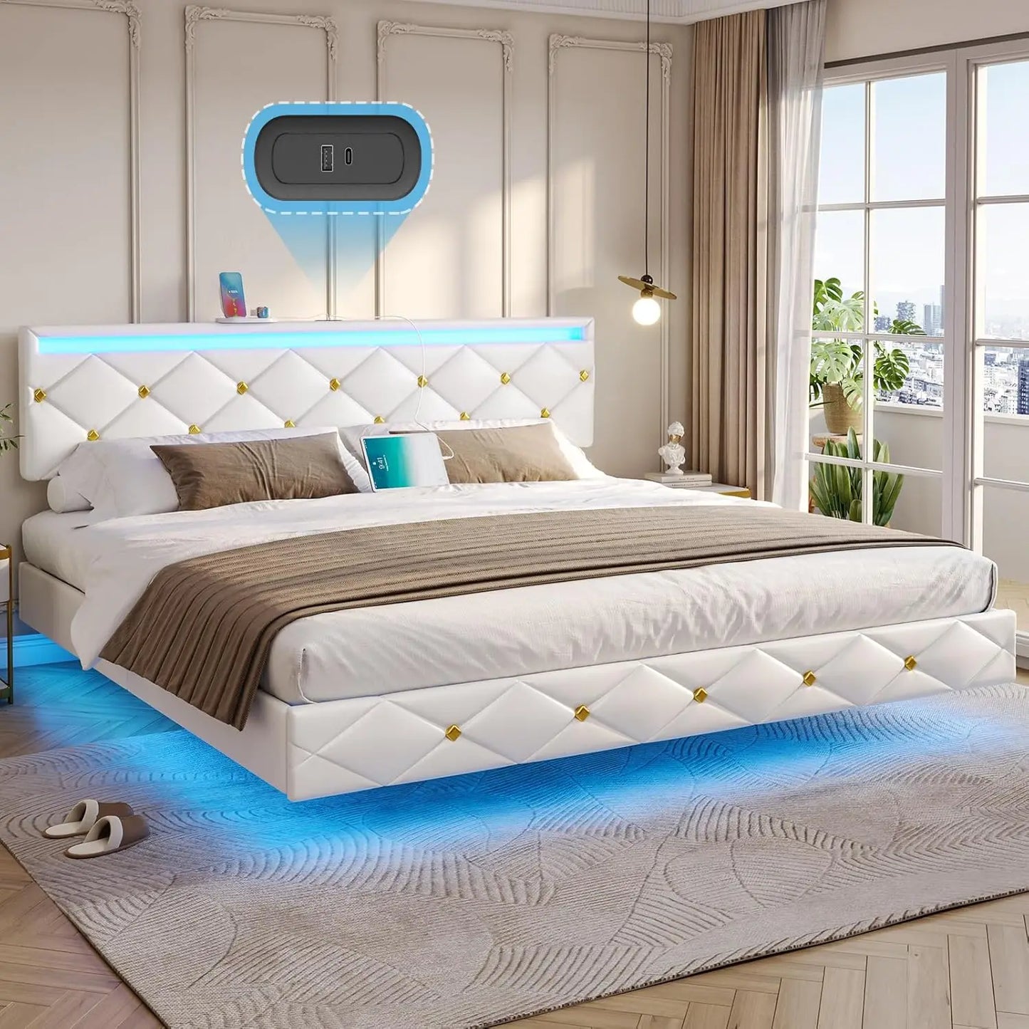 Floating Bed Frame King Size with LED Lights and Charging Station, Modern King Platform Bed with Vegan Leather Upholstered