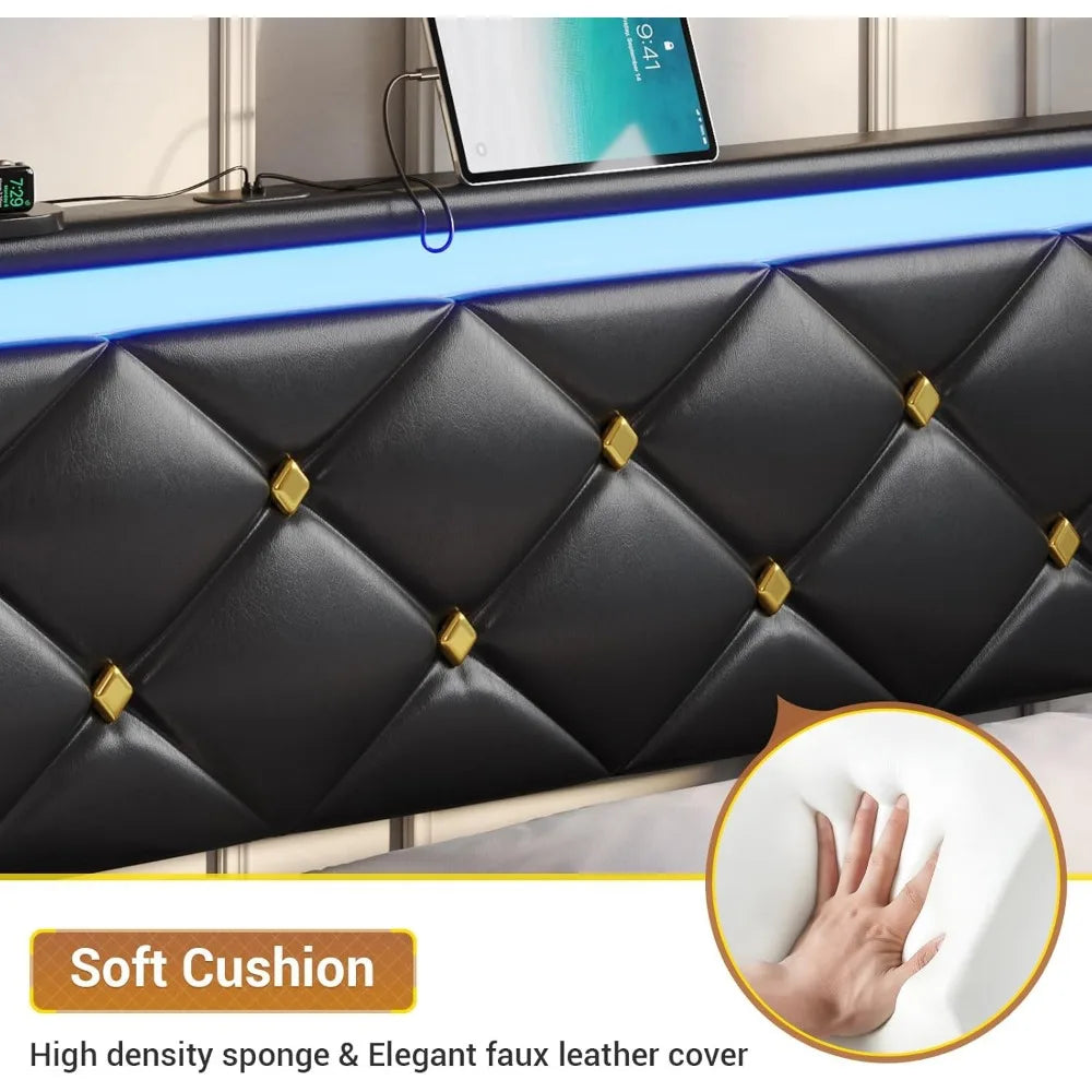Floating Bed Frame King Size with LED Lights and Charging Station, Modern King Platform Bed with Vegan Leather Upholstered