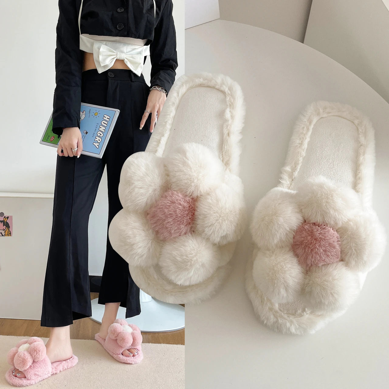 Cute cartoon flower one-word cotton slippers women's 2025 winter new thick-bottomed non-slip outer wear plush slippers
