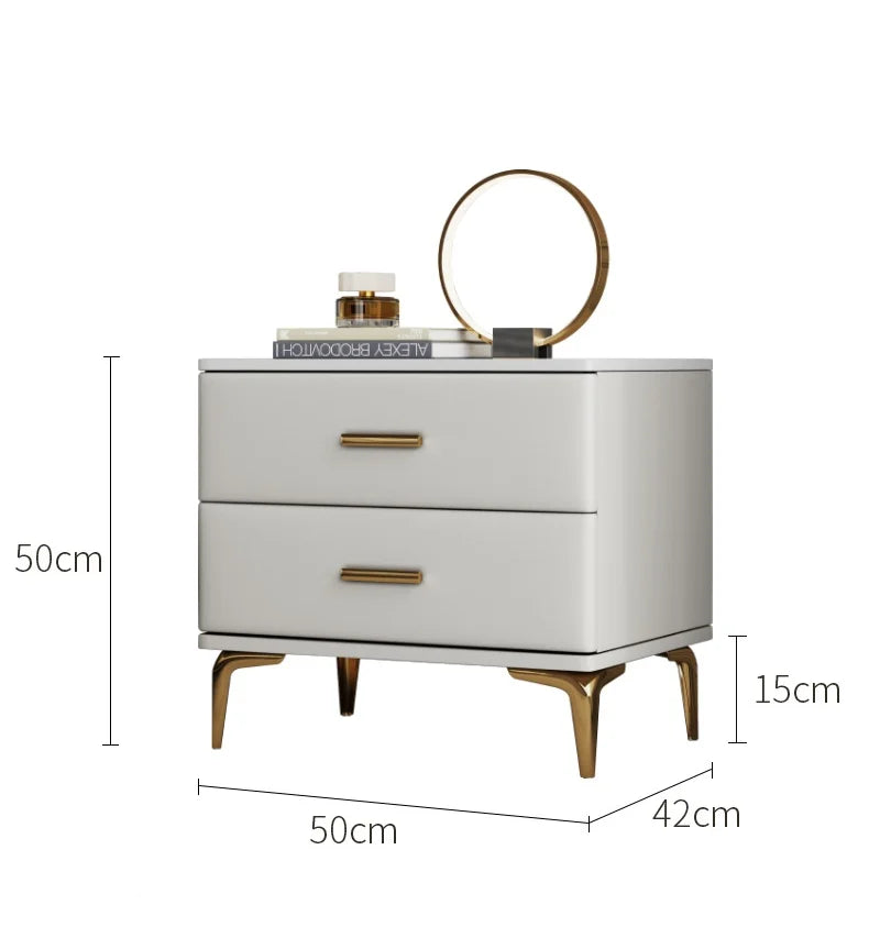 Modern Style Solid Wood Bedside Table with 2 Drawers Leather Bedroom Nightstands with Sintered Stone Top Mini Storage Cabinet
