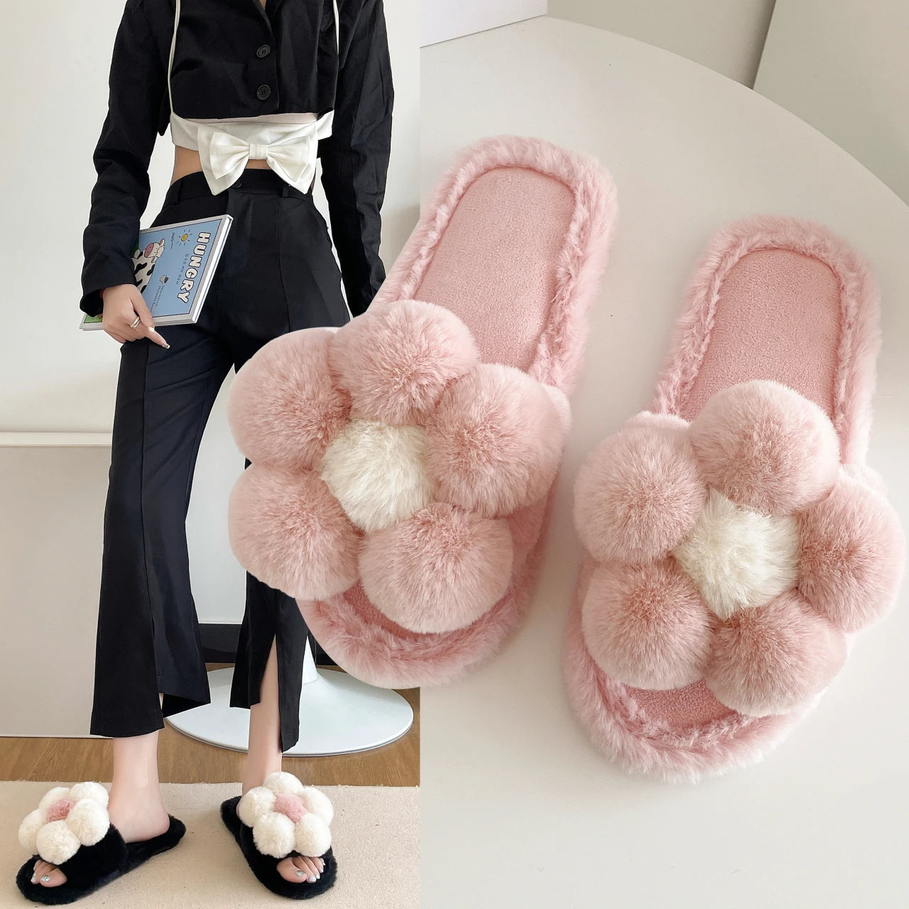 Cute cartoon flower one-word cotton slippers women's 2025 winter new thick-bottomed non-slip outer wear plush slippers