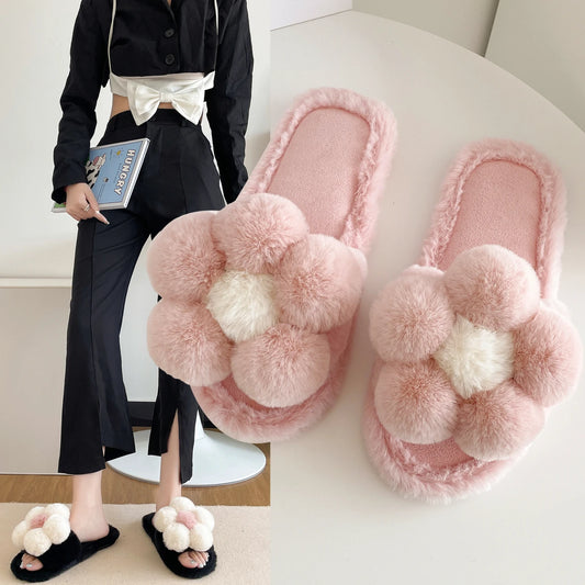 Cute cartoon flower one-word cotton slippers women's 2025 winter new thick-bottomed non-slip outer wear plush slippers