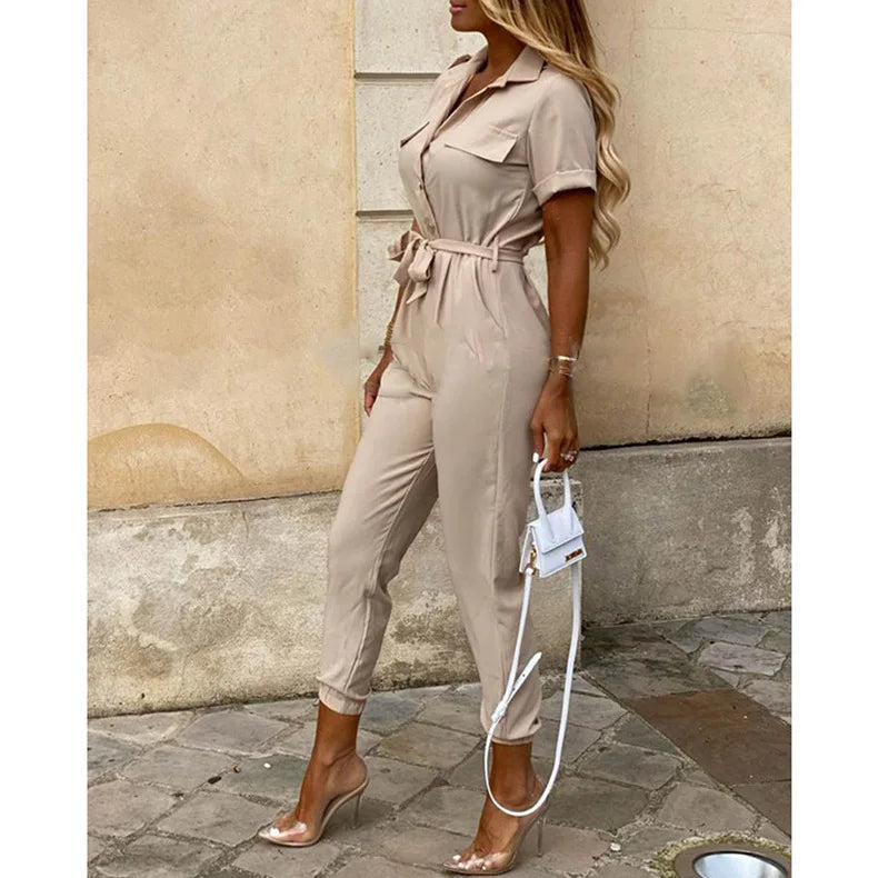 Women's Monochromatic Belt Workwear Jumpsuit, Casual Pants, Flip Collar, Buckle, European and American, Summer, 2024