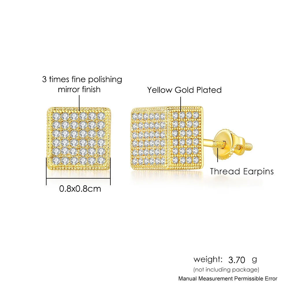 Hip Hop Ice Studded Earrings For Men Male Trend Cubic Zirconia Piercing Hiphop Gold Color Square Earring Jewelry Accessories