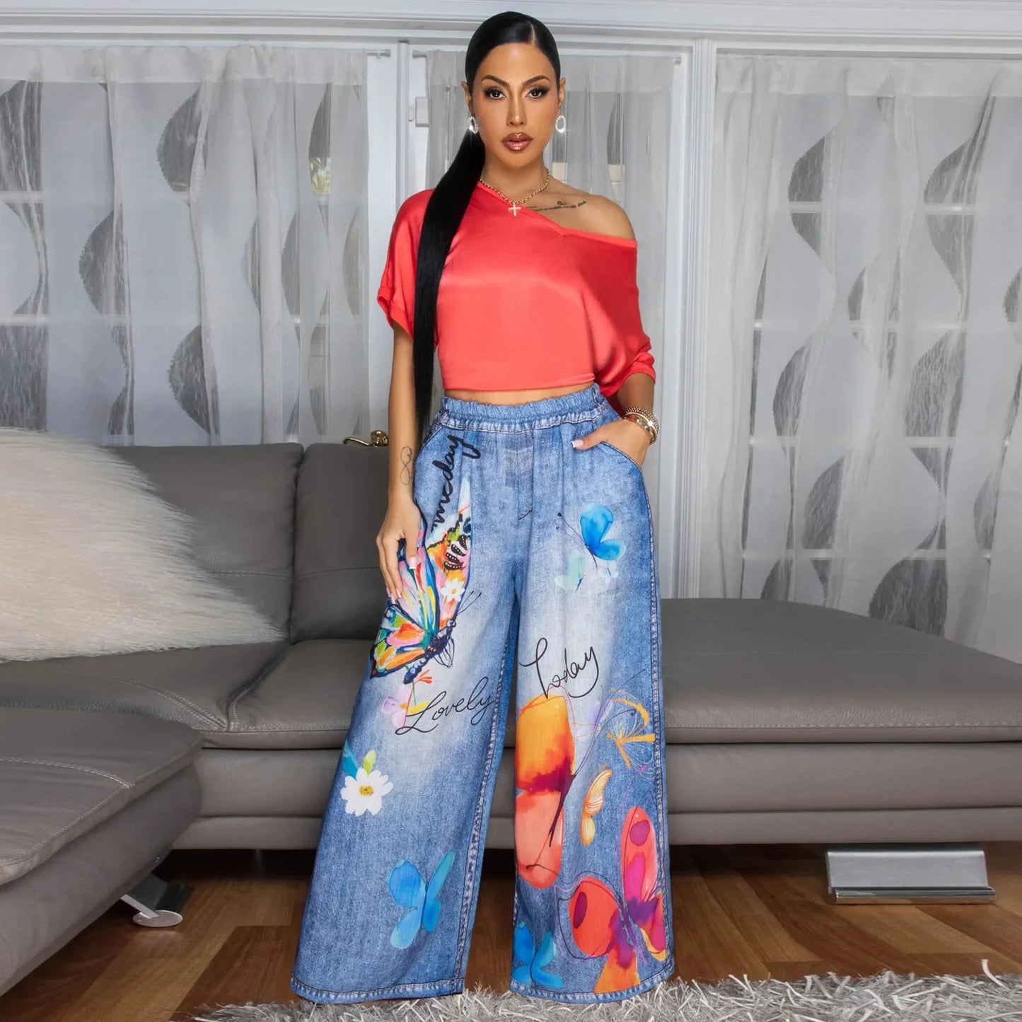 Casual Printed Wide Leg Pants Women's Loose Fit Trousers Comfortable Fashionable Female Clothing Long Pants from Mainland China